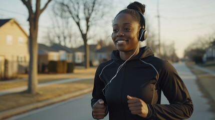 Fototapeta premium Black woman jogging through quiet neighborhood at sunrise, concept of suburban fitness routine