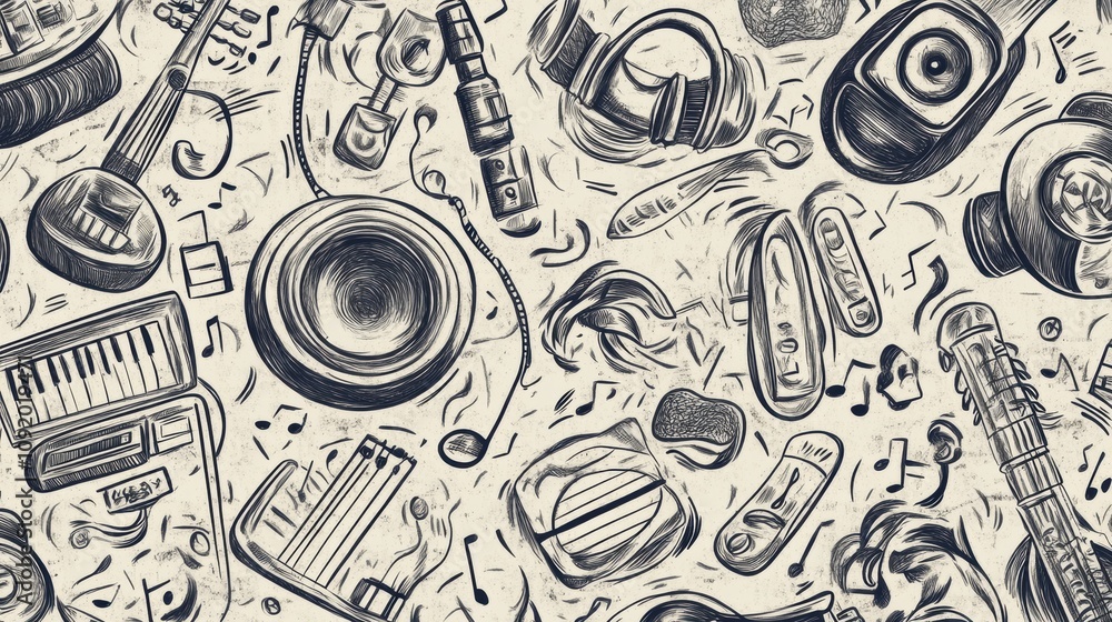 Fototapete doodle pattern showcases an array of musical instruments, notes, headphones, and speakers intricatel