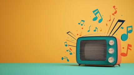 Classic radio surrounded by music notes and sound waves