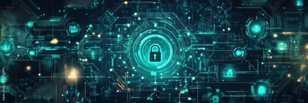 Poster An intricate digital backdrop combines padlocks and keys, representing themes of security, protection, and digital safety in an abstract design. Generative AI