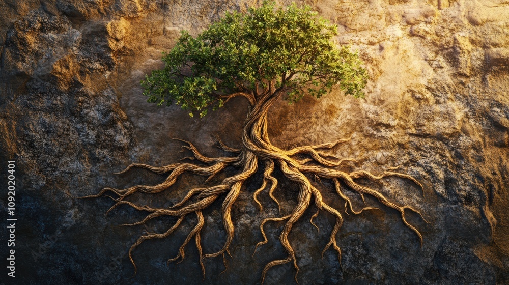 Leinwandbilder An intricate representation of a tree of life showcases intertwining branches and roots against a rugged surface, symbolizing growth and unity. Generative AI