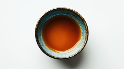 Aerial View of a Round Bowl Filled with Warm Brown Liquid Set Against a Minimalist White Background, Perfect for Food and Beverage Themes