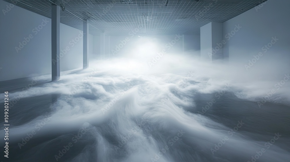 Poster ethereal misty atmosphere enveloping an indoor space with soft light and abstract textures creating 