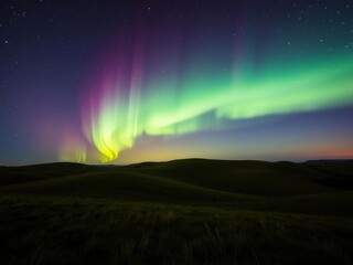 Fototapeta premium Aurora borealis illuminates the night sky over a rolling hill landscape, aurora borealis, natural wonder, light display