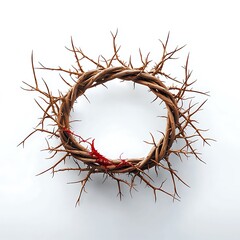Fototapeta premium A detailed illustration of a twisted crown of thorns, symbolizing the suffering and sacrifice of Jesus Christ, depicted against a stark white background.