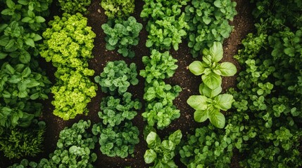 Vibrant Green Rows of Fresh Herbs and Leafy Vegetables in an Organic Garden from Above Showcasing Lush Growth and Healthy Soil Conditions