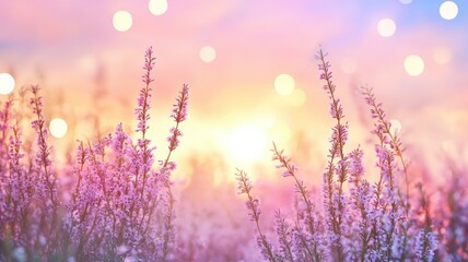 Beautiful lavender field at sunrise with soft bokeh effect