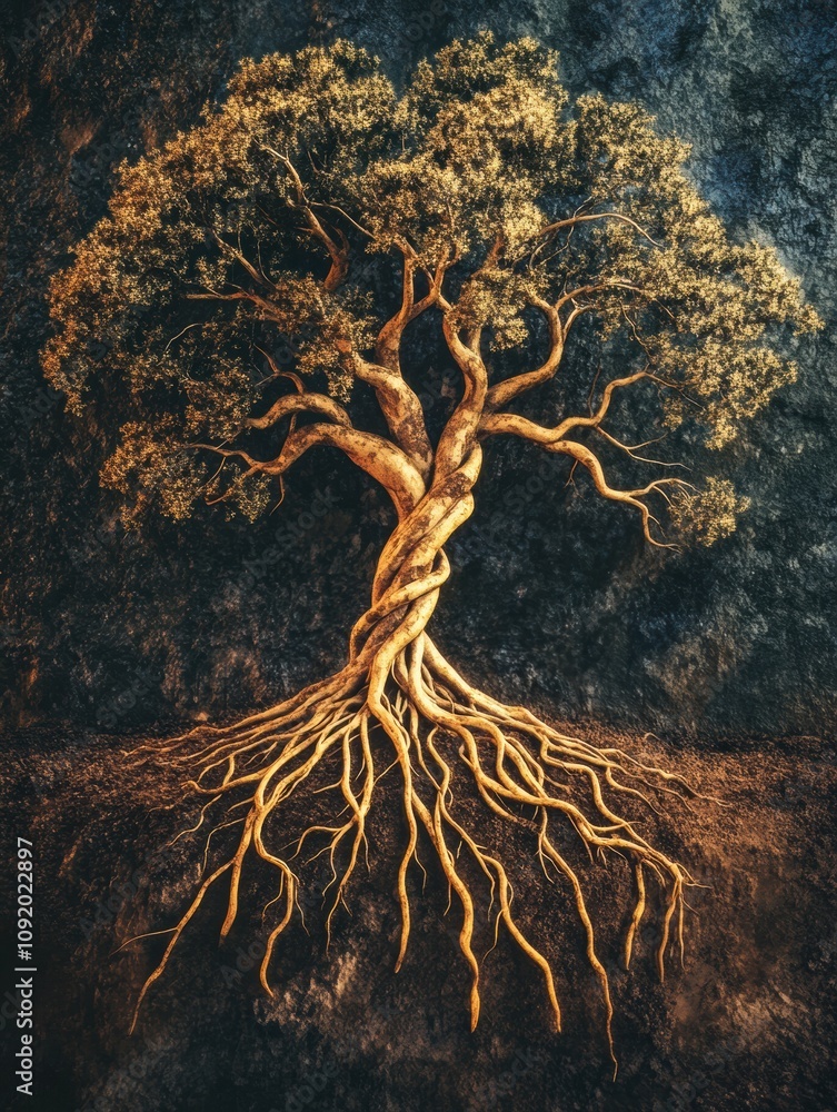 Leinwandbilder The artwork depicts a tree of life with intricate branches and roots representing unity and personal development within nature. Generative AI