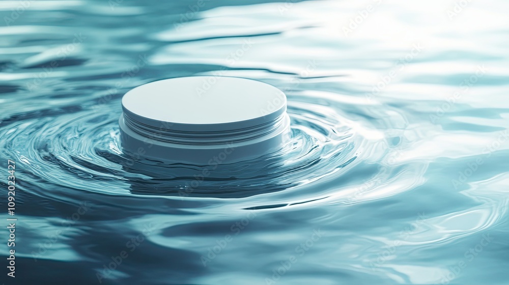 Poster a minimalist view of a white round container floating on calm water surface with gentle ripples refl