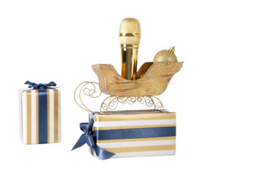 PNG, New Year gifts with microphone, golden microphone isolated on white background.