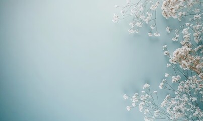 Soft, airy white flowers on a pale blue background, leaving ample space for text or design.