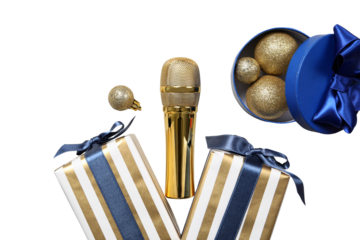 PNG, New Year gifts with microphone, golden microphone isolated on white background.