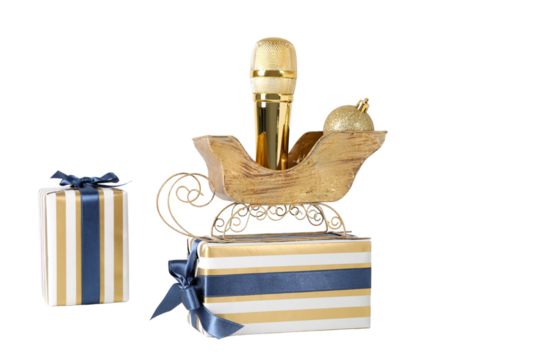 PNG, New Year gifts with microphone, golden microphone isolated on white background.