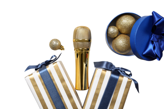 PNG, New Year gifts with microphone, golden microphone isolated on white background.