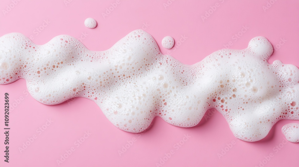 Poster white soap foam bubbles arranged in a wave-like pattern on a smooth pink background.