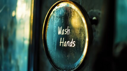 Round sign with "Wash Hands" written on foggy surface, promoting hygiene
