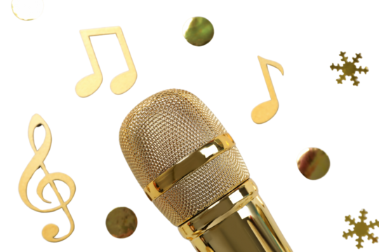 PNG, New Year gifts with microphone, golden microphone isolated on white background.