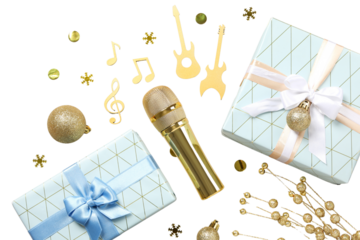 PNG, New Year gifts with microphone, golden microphone isolated on white background.
