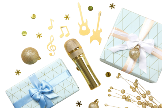 PNG, New Year gifts with microphone, golden microphone isolated on white background.
