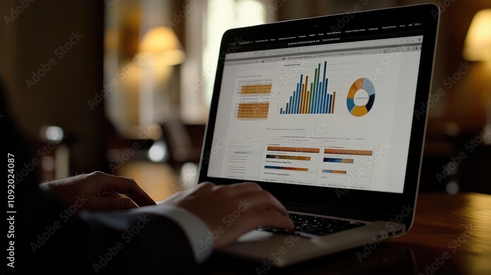 Poster business professional analyzing data on laptop screen with various graphs and charts in a modern off