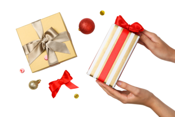 PNG, Christmas gift boxes with Christmas toys isolated on white background.