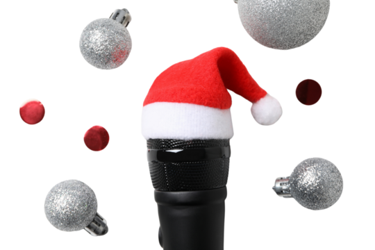 PNG, Christmas gifts with microphone, microphone with santa hat isolated on white background.