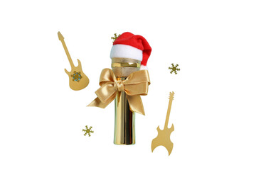 PNG, Christmas gifts with microphone, microphone with santa hat isolated on white background.