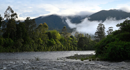 Head Waters of the Karamea River at dawn, New Zealand.