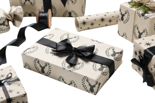 PNG, Christmas gifts, packing process, isolated on white background.