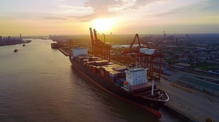 Fototapeta premium Aerial View of Cargo Ship Moored at Dock Surrounded by Cranes Against Sunset Sky and City Skyline, Illustrating Global Trade and Transportation Dynamics