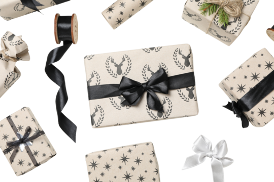 PNG, Christmas gifts, packing process, isolated on white background.