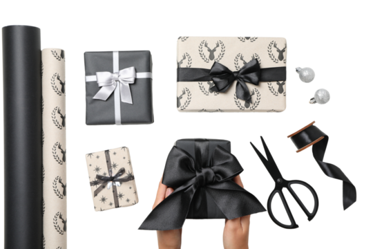 PNG, Christmas gifts, packing process, isolated on white background.