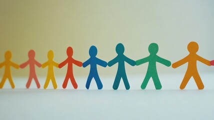 Paper cutout figures of various colors holding hands in row