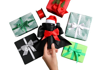 PNG, Christmas gifts with microphone, microphone with santa hat isolated on white background.