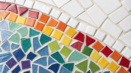 Fototapeta premium Colorful mosaic tile pieces arranged in a harmonious pattern on a white background, artistic display, tabletop decor, abstract art, colorful mosaic tile arrangement, mosaic tiles
