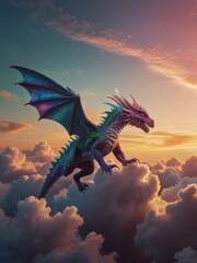 Majestic Dragon with Iridescent Scales Soaring Through a Dreamy Cloud-Filled Sky