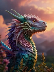 Obraz premium Majestic Dragon with Iridescent Scales Soaring Through a Dreamy Cloud-Filled Sky