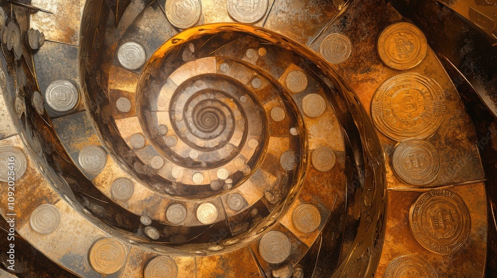 Fototapete an abstract drawing showcases a spiral of falling coins and price tags, evoking motion and value in 