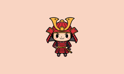 Naklejka premium Chibi samurai in red armor with swords on peach background