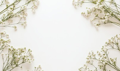 White flowers frame on white background, minimalist floral design, copy space.