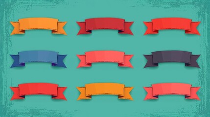 Colorful decorative banners on a textured background.