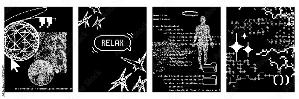 Poster set of retro poster with pixel element, dialogue box, code, script fragment. design templates for ca