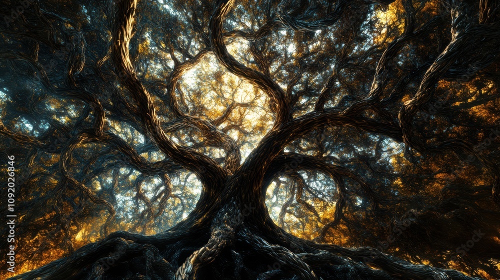 Aufkleber the artwork features a dynamic tree of life, with detailed intertwining branches and roots symbolizi