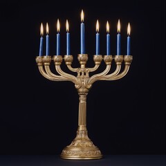 Fototapeta premium Elegant Hanukkah Menorah with Nine Blue Candles on Black Background, Minimalist and Premium Design Perfect for New Year Greeting Cards, Posters, and Festive Decorations.