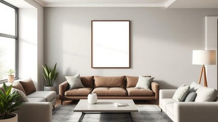 Fototapeta premium A blank wall art mockup hanging in a stylish living room, ready to showcase any design or artwork, design, blank canvas, living room
