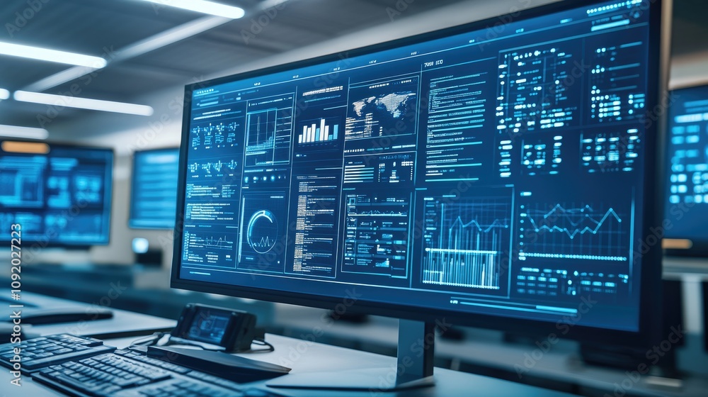 Poster high-tech control room with multiple screens displaying data analytics and graphs for business insig