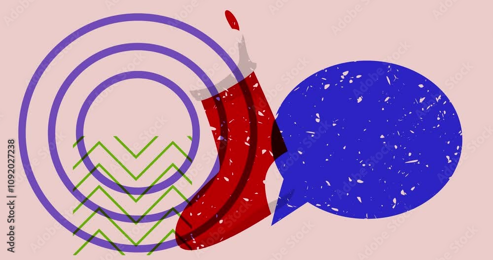 Poster risograph christmas stocking and speech bubble with geometric shapes animation. moving object in tre