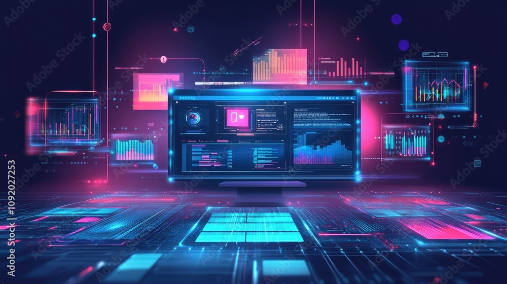 Poster futuristic data visualization concept with a desktop monitor showcasing dynamic graphs and insights 