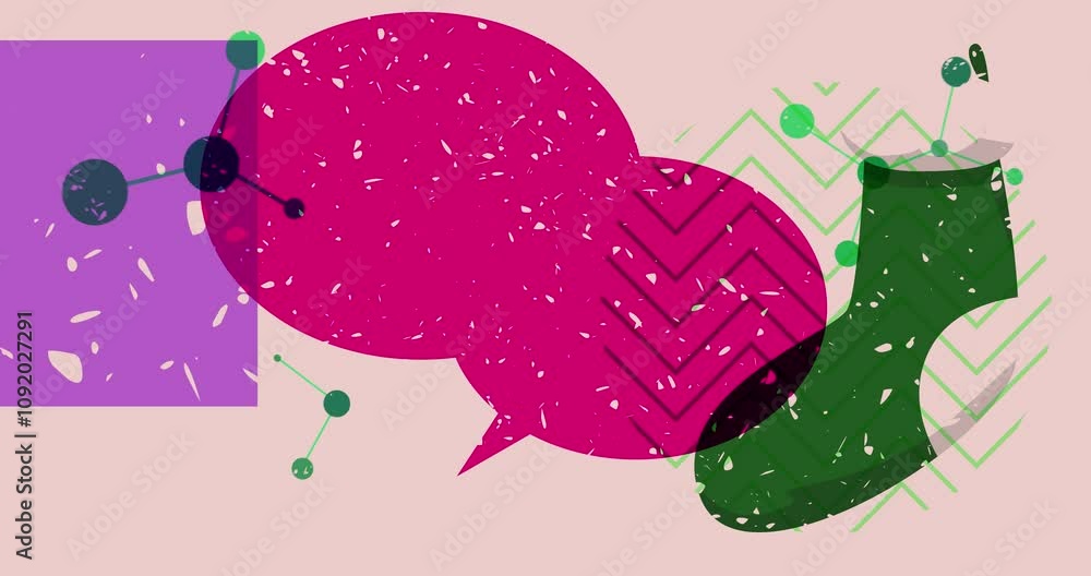 Poster risograph christmas stocking and speech bubble with geometric shapes animation. moving object in tre