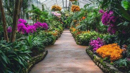 Lush Tropical Garden Pathway Surrounded by Colorful Blooming Orchids and Vibrant Floral Arrangements in a Bright Glass Conservatory